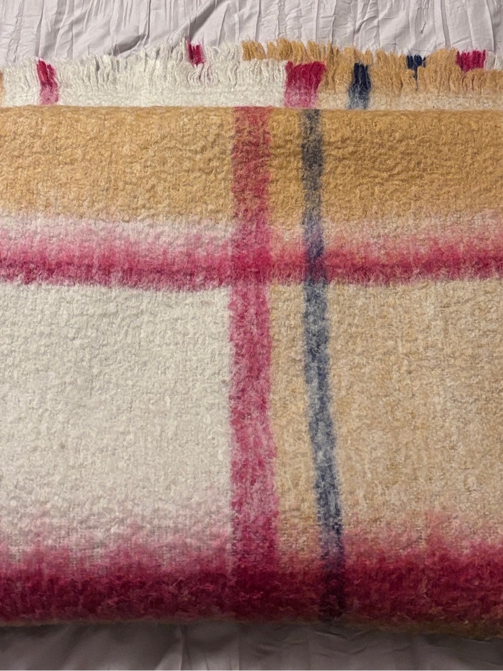 Anthropologie Fuzzy Plaid Throw in Cream, Pink & Navy